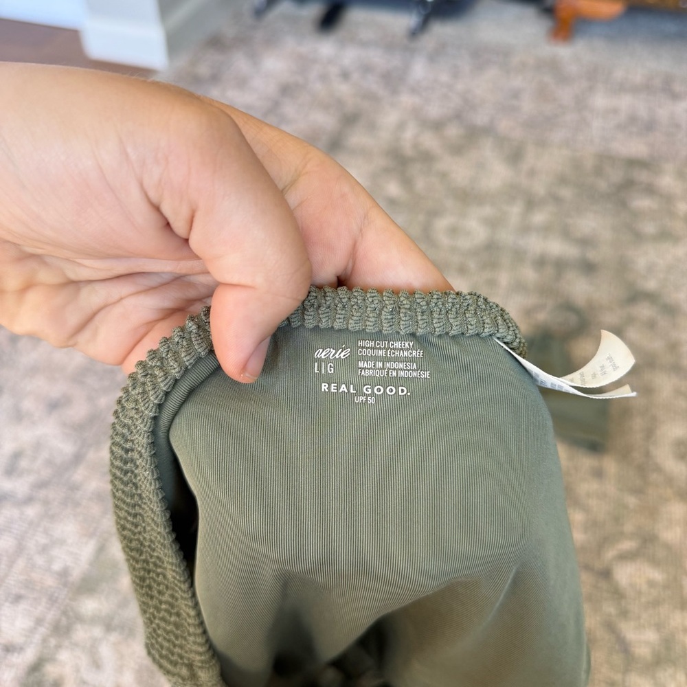 Aerie Olive Green Bikini Set Shimmer Ribbed Spring Summer Beach L/XL - Picture 7 of 8